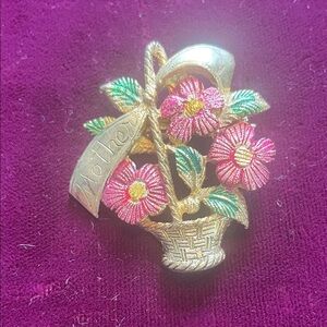Vintage Mother Brooch Pin Flower Basket Floral Gold Tone Pink Green‎